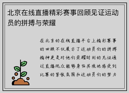 北京在线直播精彩赛事回顾见证运动员的拼搏与荣耀