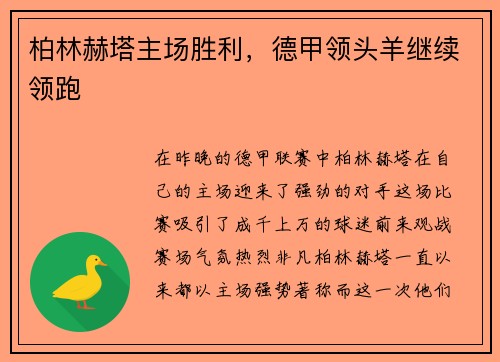 柏林赫塔主场胜利，德甲领头羊继续领跑